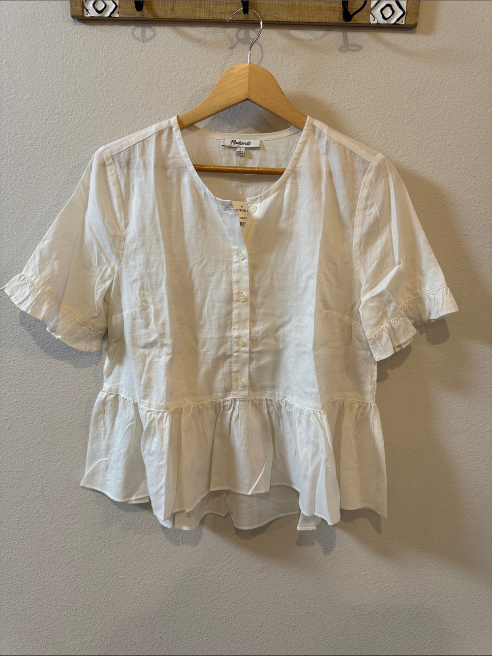 NWT Small Madewell White Ruffle-Hem Button Front Blouse in Lighthouse!